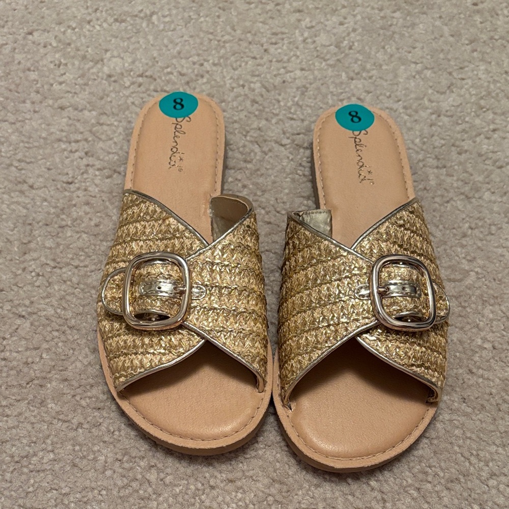 Splendid Metallic Gold Woven Buckle Slide Sandals - Picture 2 of 6